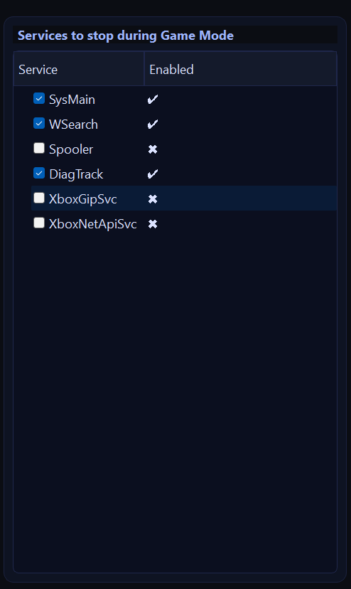 Services to stop during game mode