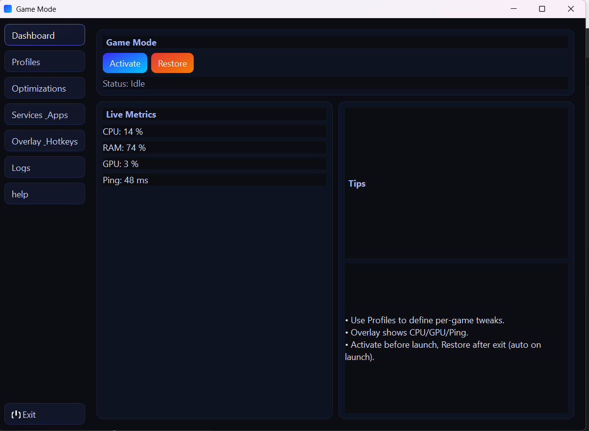 active and restore Game Mode