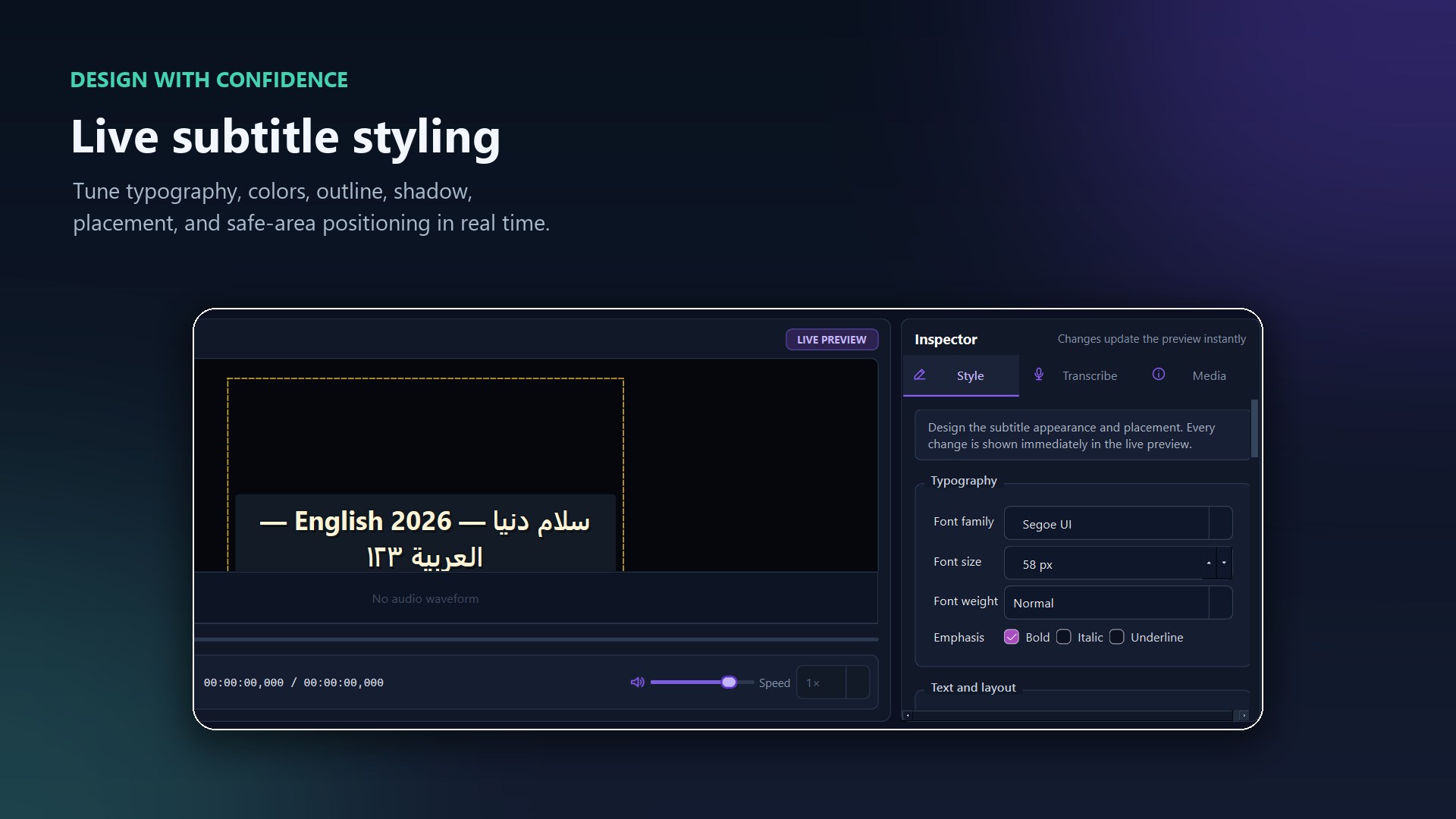 Subtitle Generator Pro transcription workspace with media preview and subtitle segments