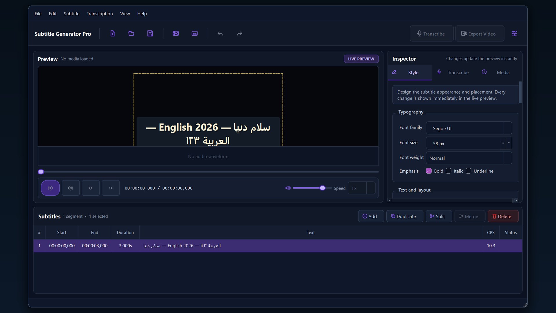 Subtitle Generator Pro timeline editor for adjusting subtitle timing