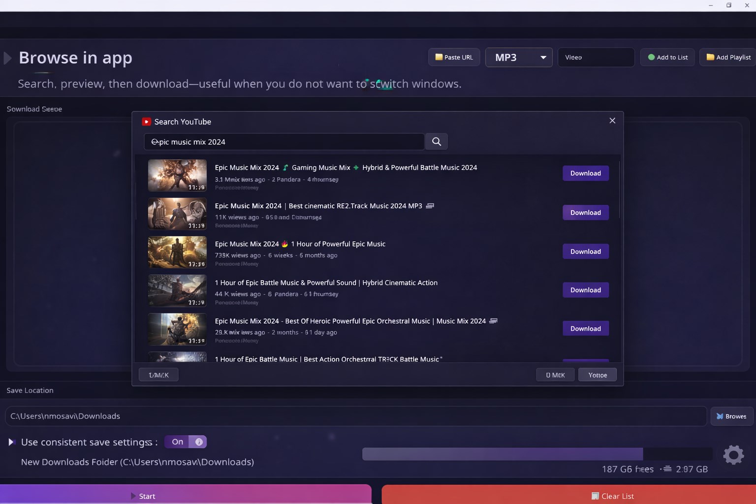 Browse in-app : 
Search, preview, then download—useful when you do not want to switch windows.