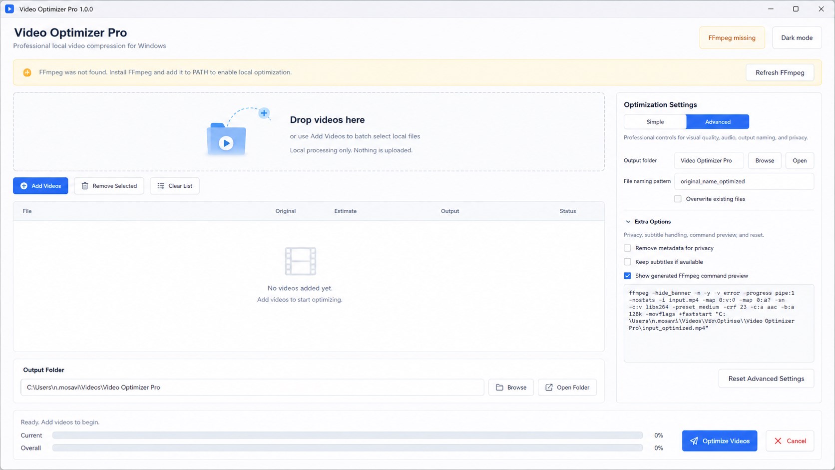 Video Optimizer Pro simple mode for compressing a video with presets