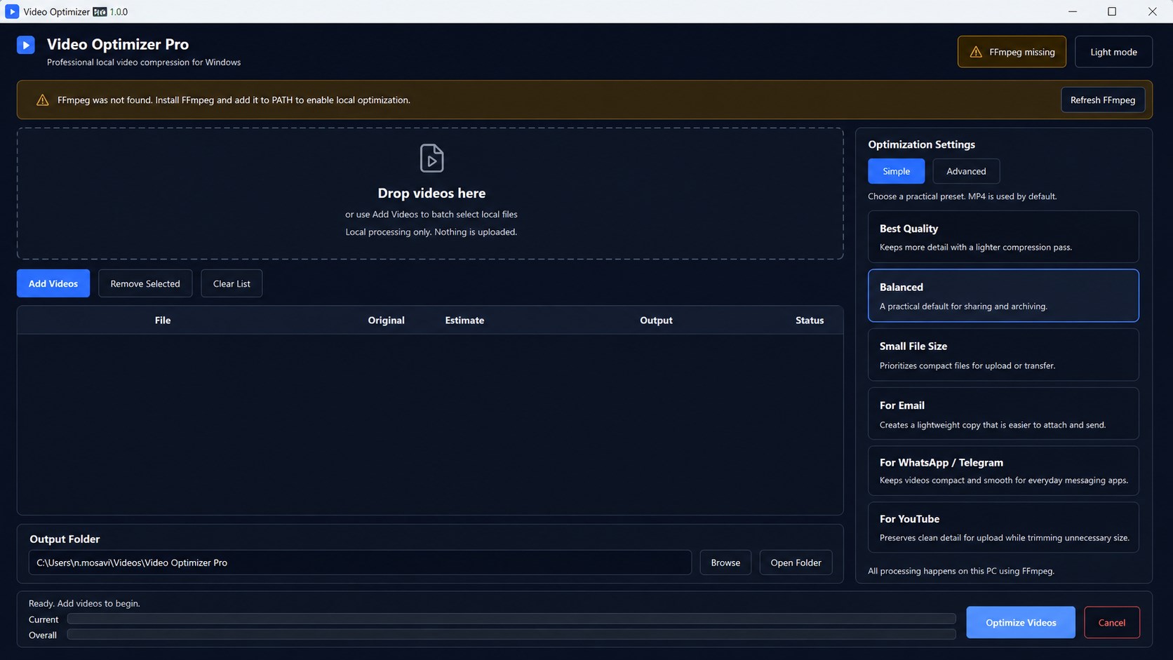 Video Optimizer Pro advanced codec and bitrate settings