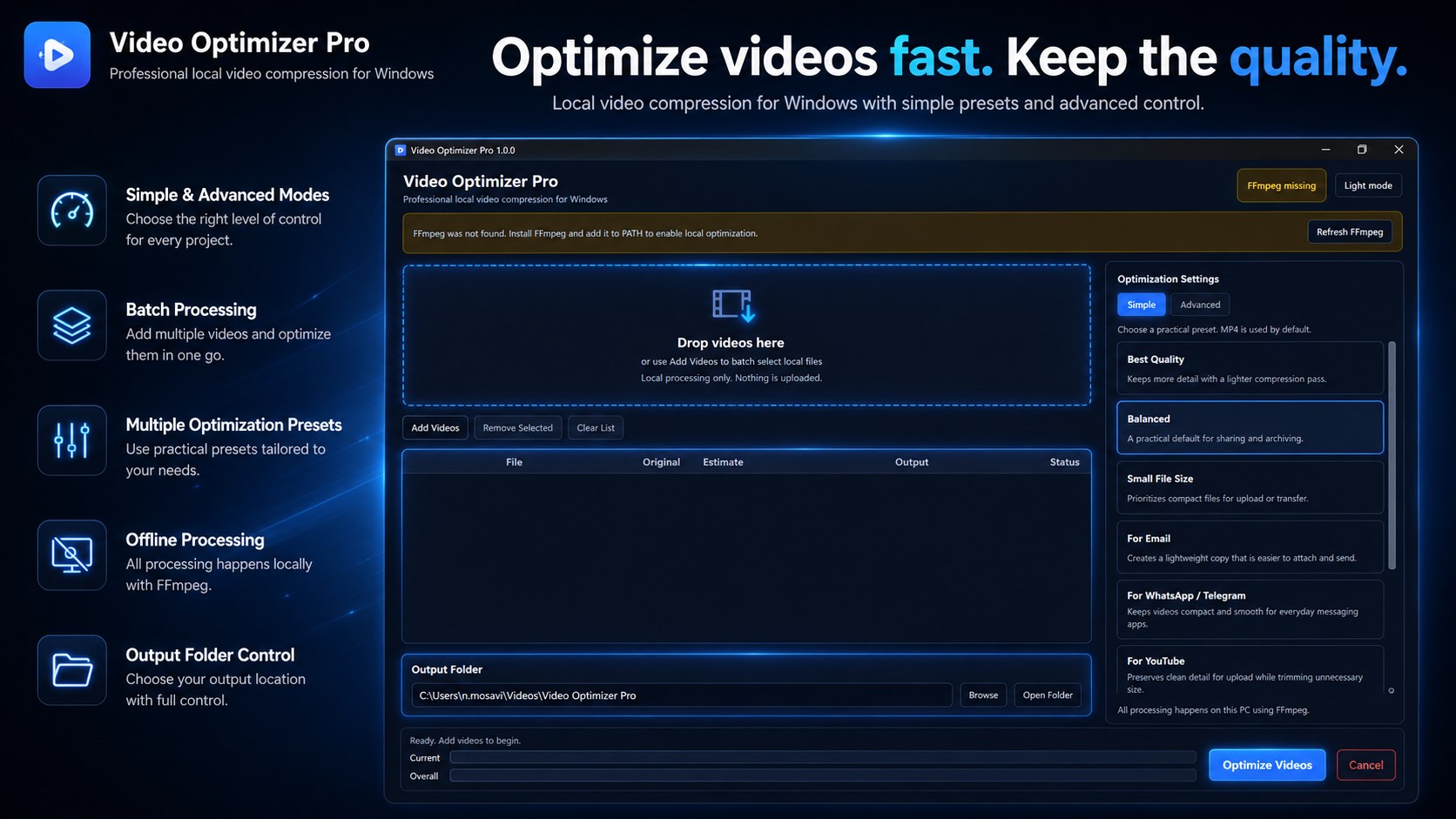 Video Optimizer Pro resolution and FPS controls for video output