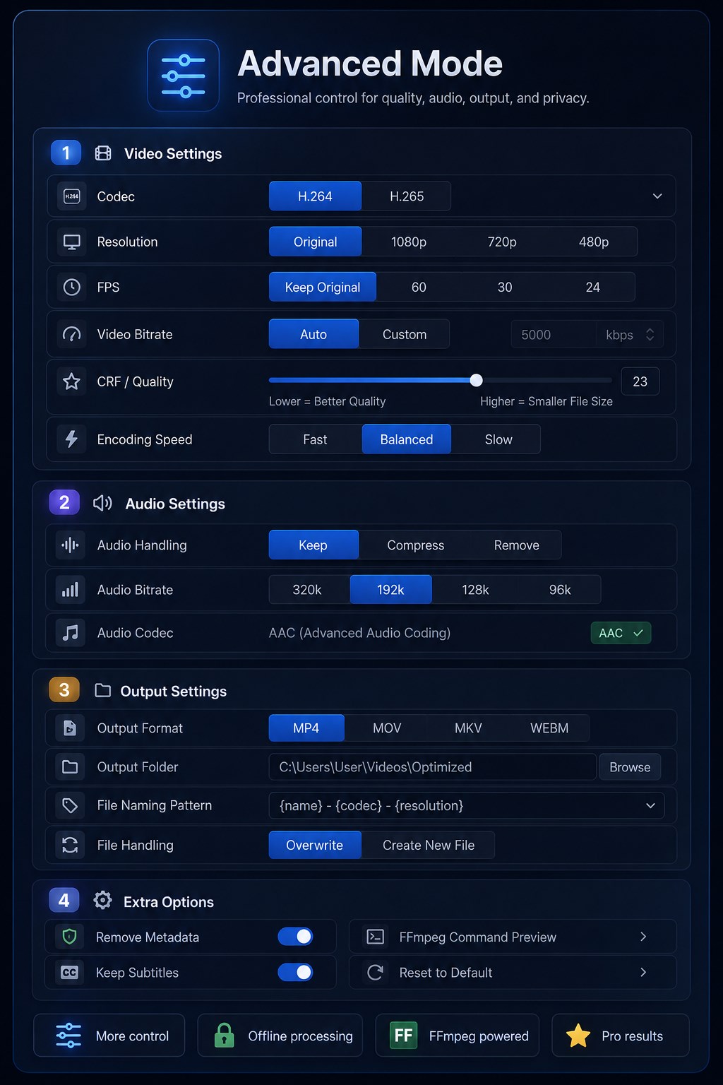 Video Optimizer Pro metadata and audio settings panel